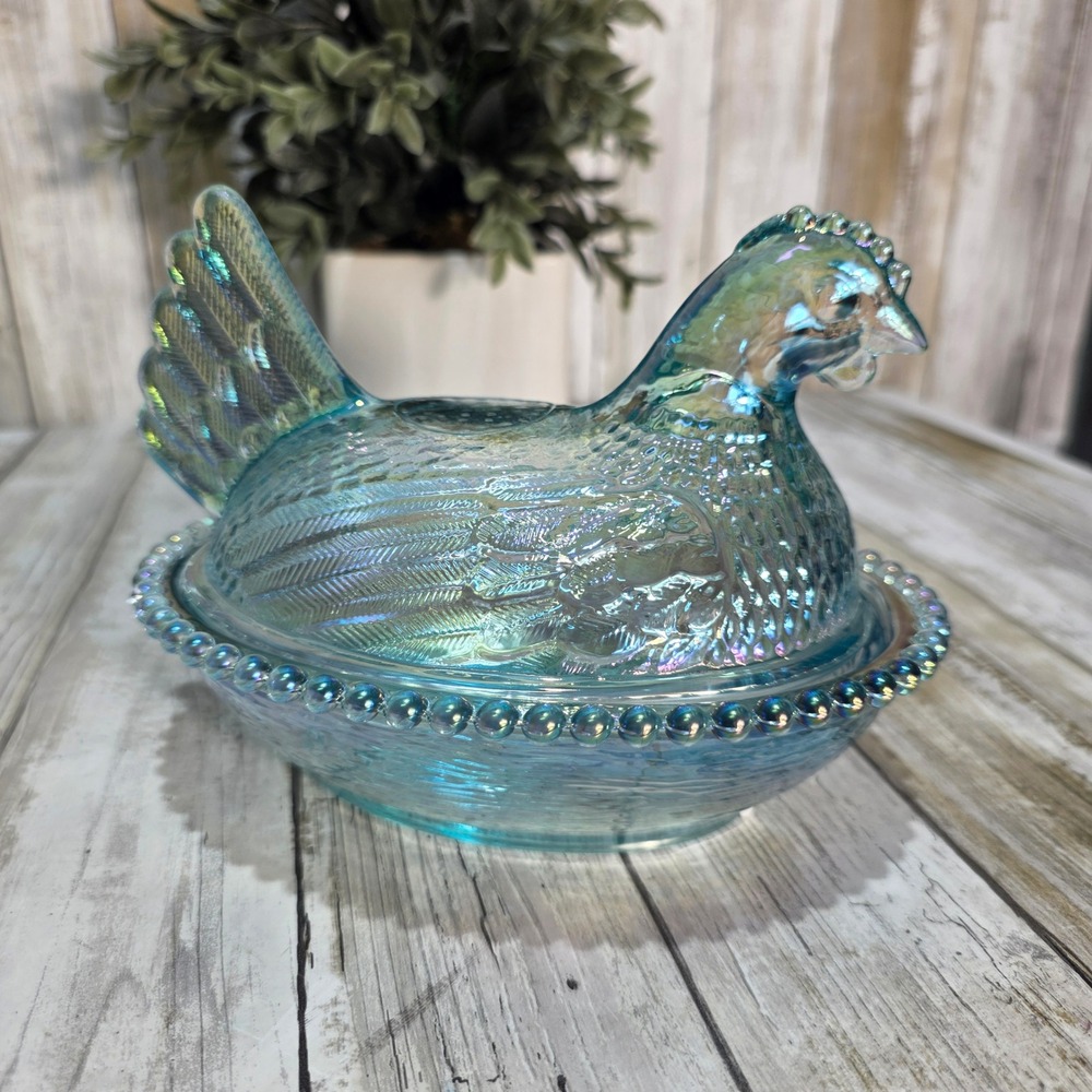 VTG Iridescent Blue Teal Carnival Glass Hen on Nest Beaded Chicken Candy Dish 7'